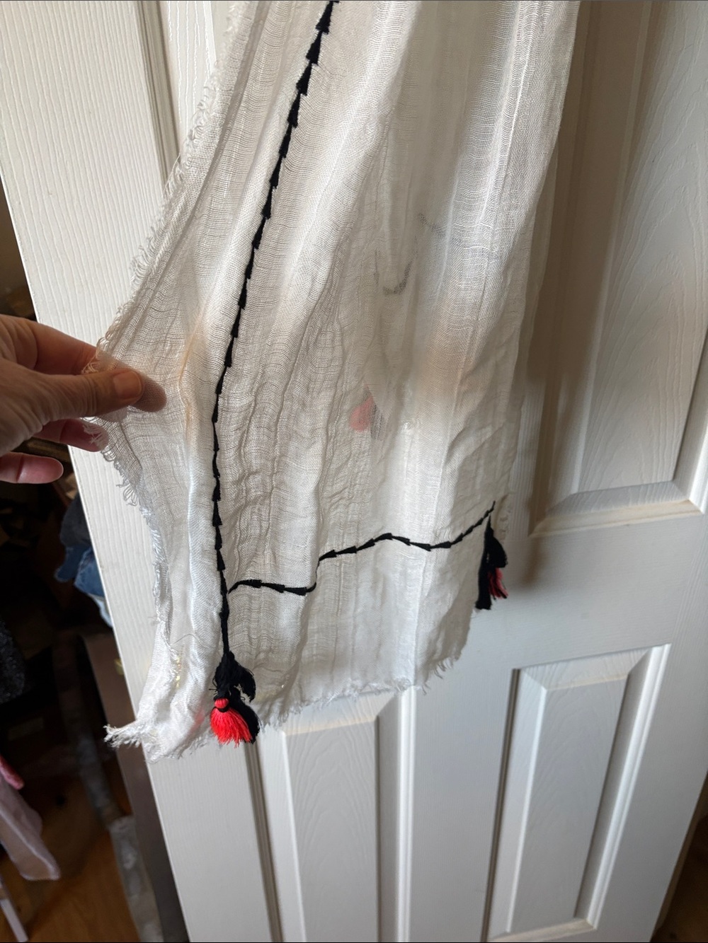 Shiraleah Chicago White Sheer Scarf with Black and Pink Tassels